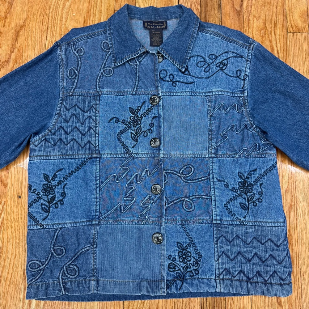 VTG New Directions Textured Quilted Patchwork Embroidered Denim Jacket Granny